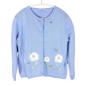 Vintage TIA Designes Embroidered Butterfly Daisy Cardigan Sweater Size ? Grandma